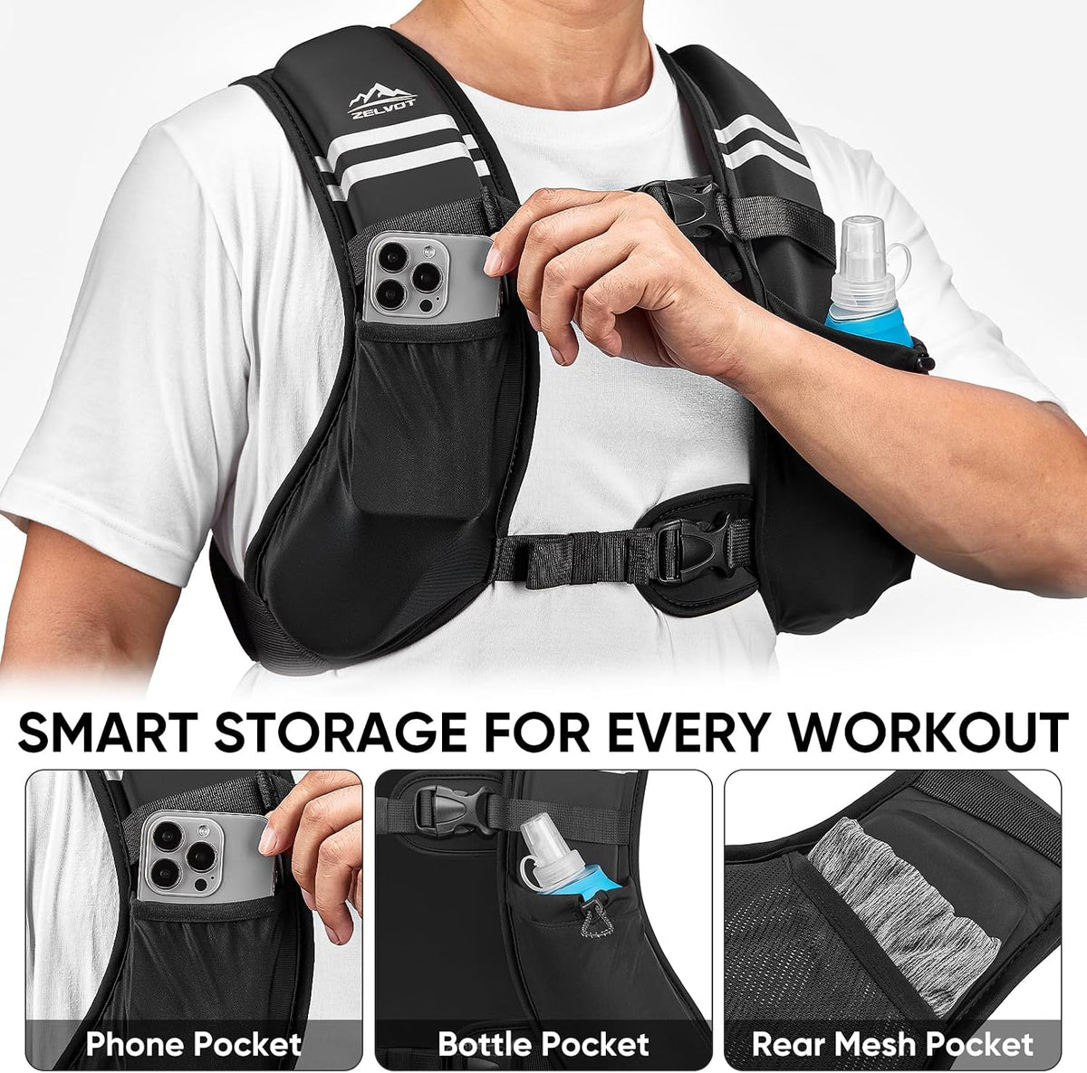 Zelvot Weighted Vest with 500ml Soft Flask and Phone Holder, 8lb/12lb/16lb