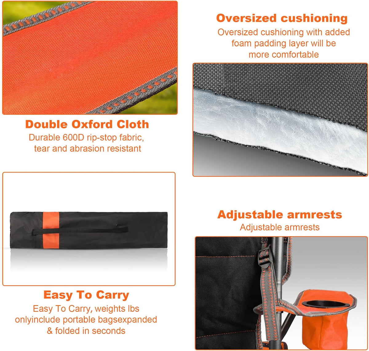 Oversized Padded Camping Chairs for Adults,Heavy Duty Support 400 Lbs,Folding Portable Lawn Chair w/Cup Holder,Cooler Bag,Side Pocket,Perfect for Outdoor Picnic,Hiking(Orange)