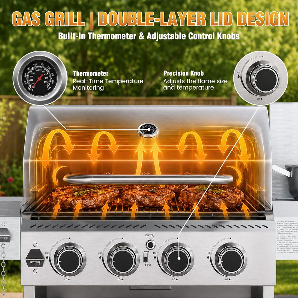 Electactic G41 Pro Gas Grill,Heavy-Duty Stainless Steel BBQ Grill,4 Burner Gas Grill with Side Burner,42000 BTU Propane Grill for Outdoor Cooking,Barbecue,Garden and Patio Backyard