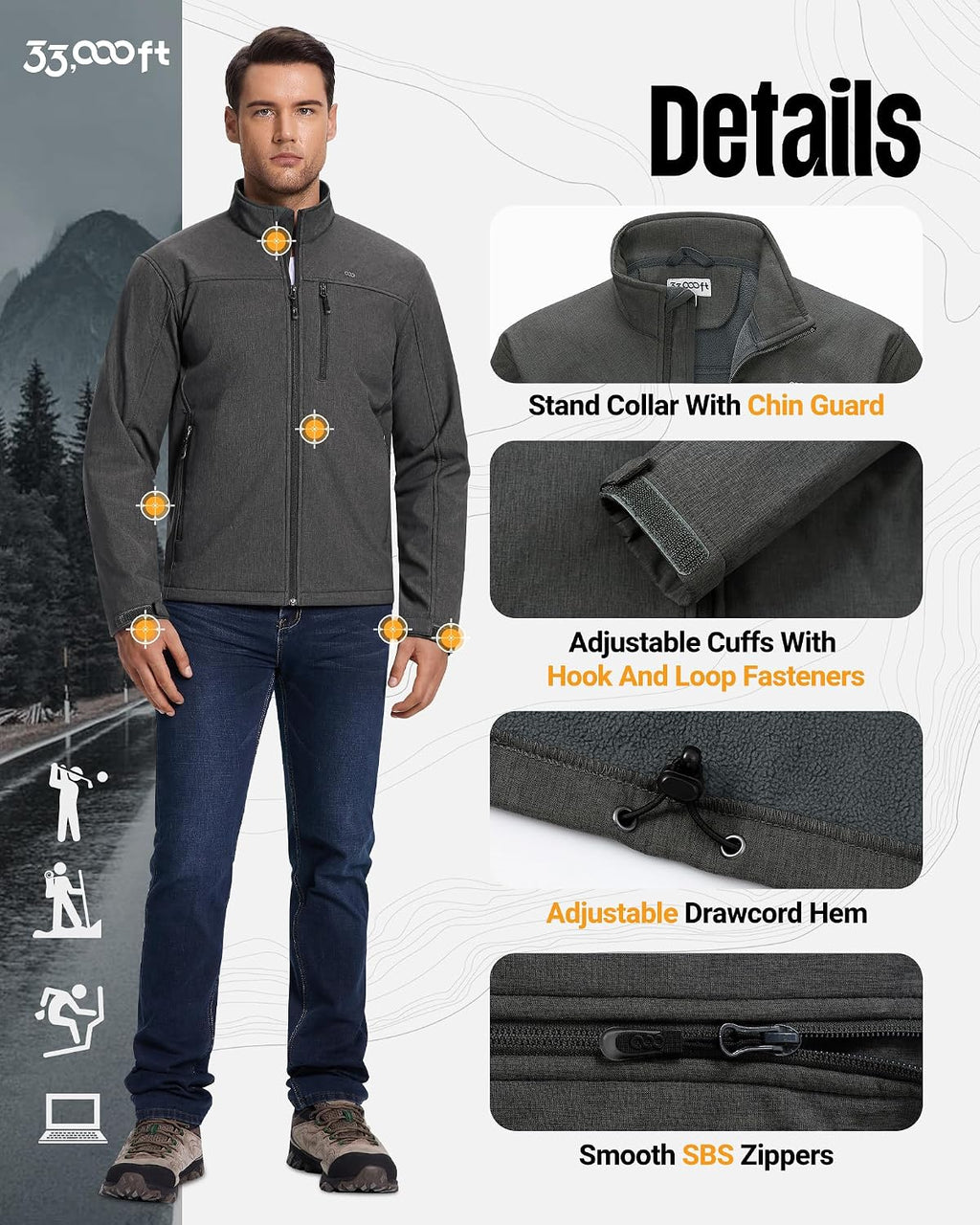 33,000ft Men's Waterproof Softshell Jacket Fleece Lightweight Windbreaker