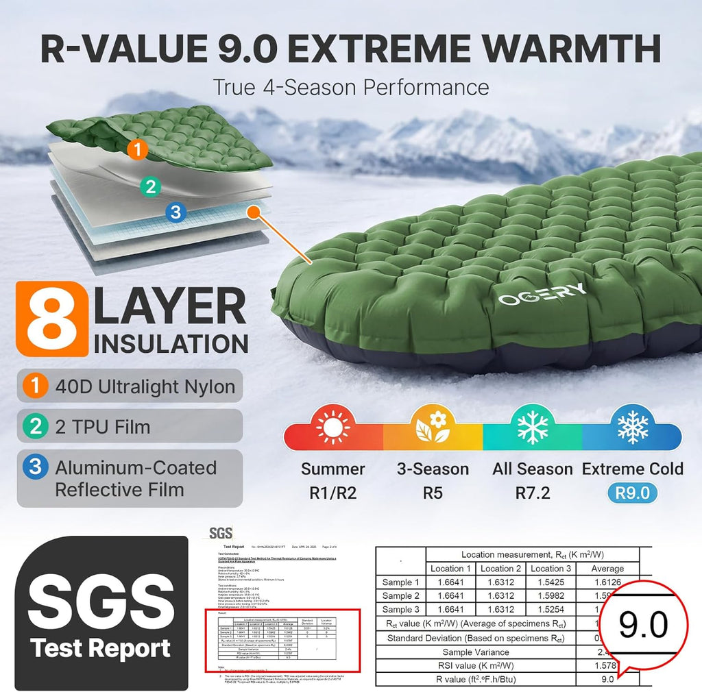 OGERY Sleeping Pad for Camping, R-Value 9.0 Insulated Sleeping Pad