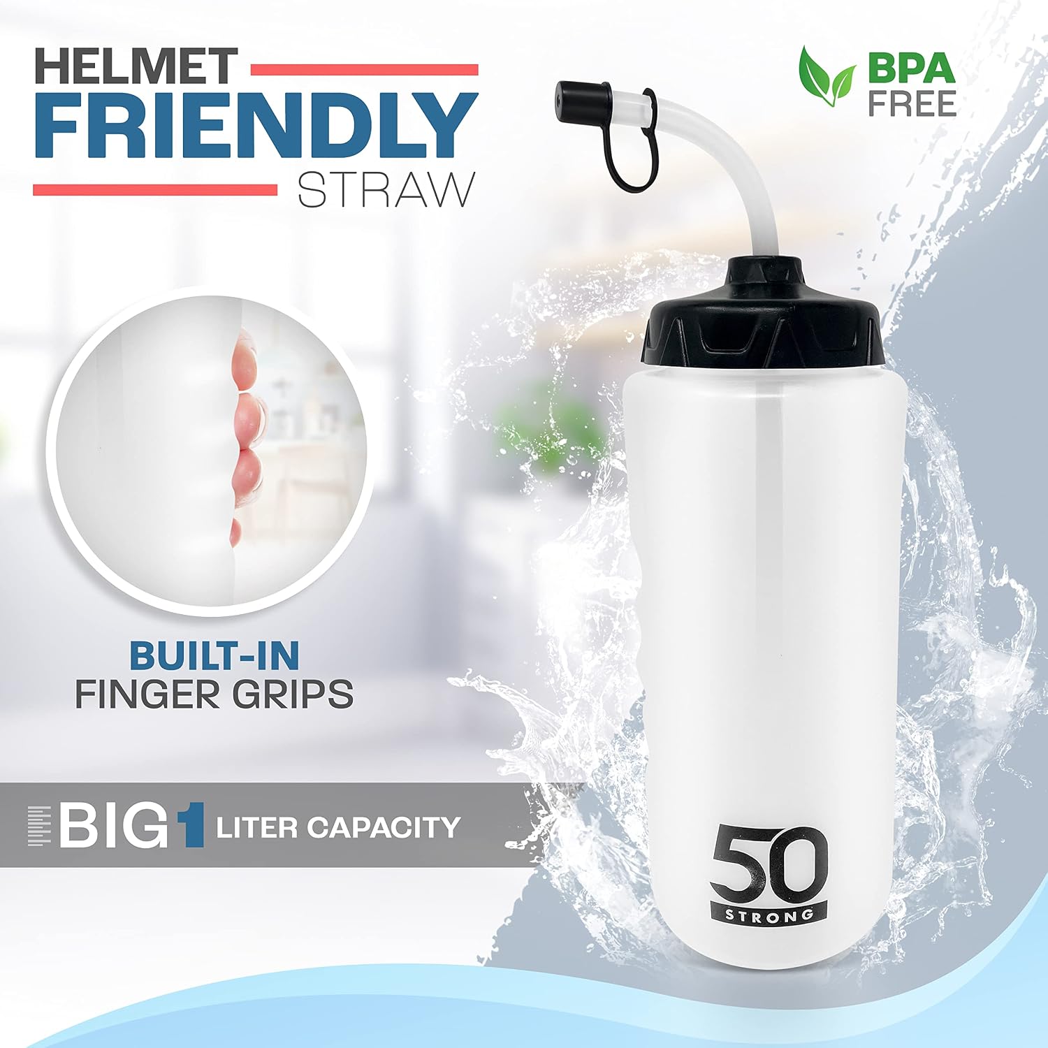 50 Strong | Hockey & Lacrosse Water Bottle with Straw, 1 Liter