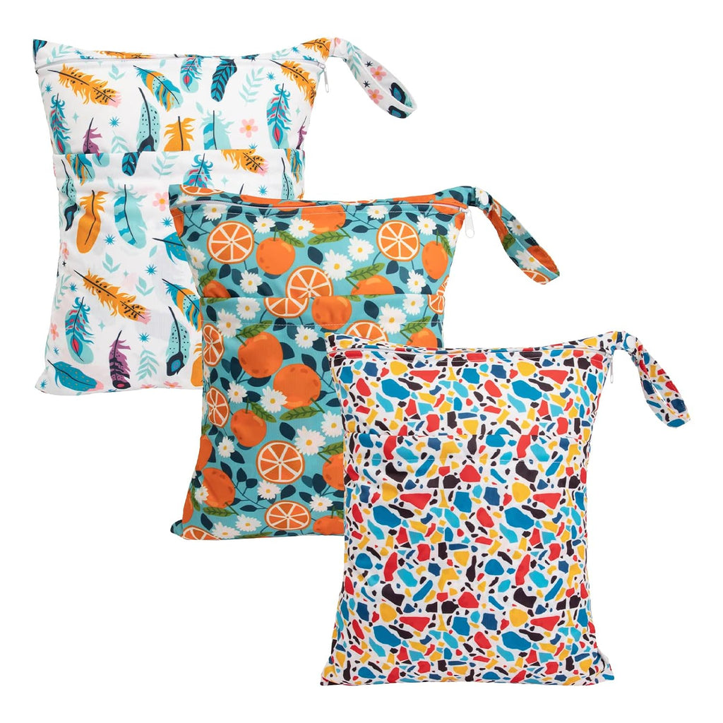 babygoal Wet Dry Bags 3 Pack, Waterproof Reusable Travel Bags for Swimsuits, Baby Cloth Diapers, Beach, Pool, Gym Bag & Wet Clothes with 2 Pockets L-BWG