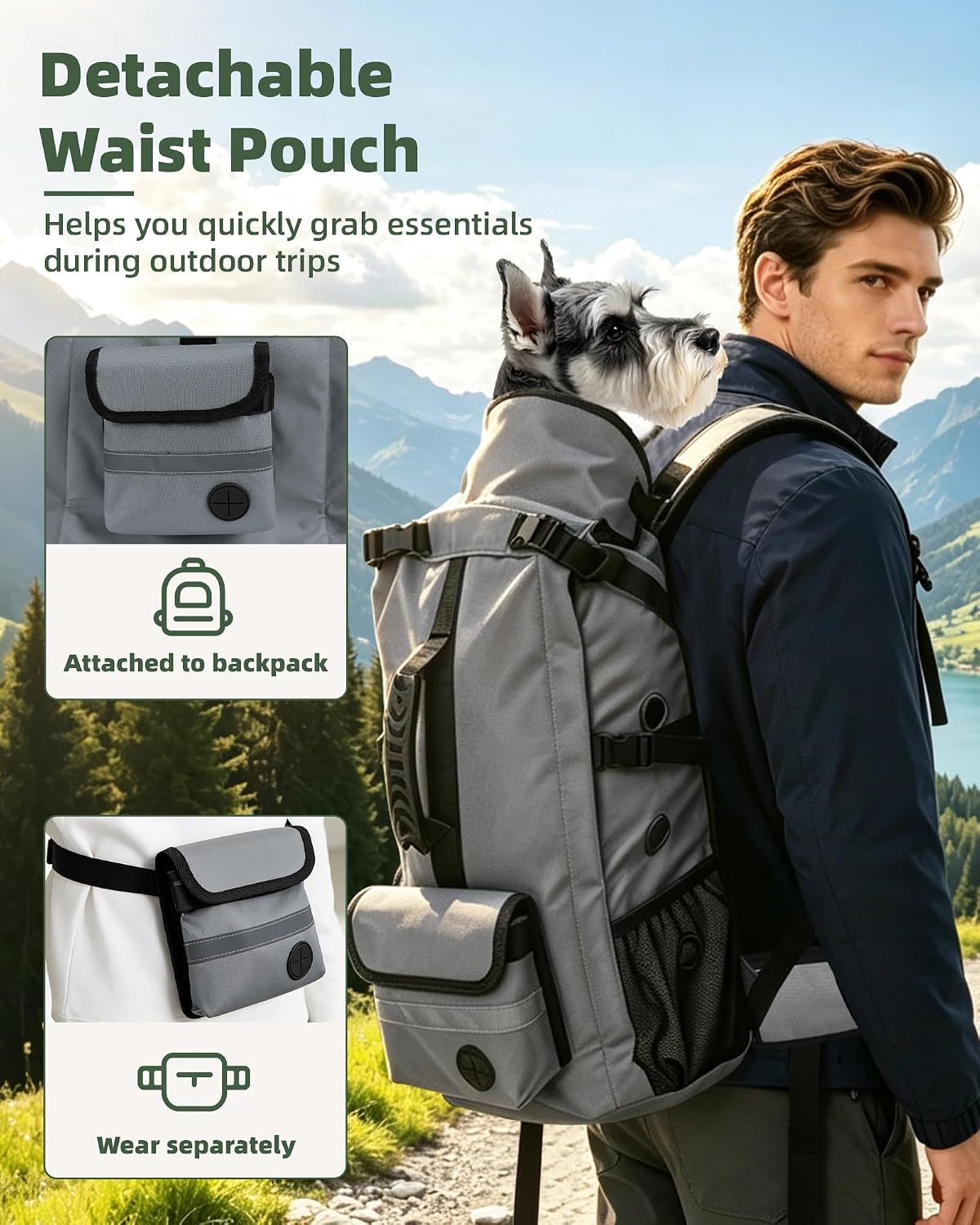 Breathable Dog Hiking Backpack Carrier for Medium Dogs, Grey