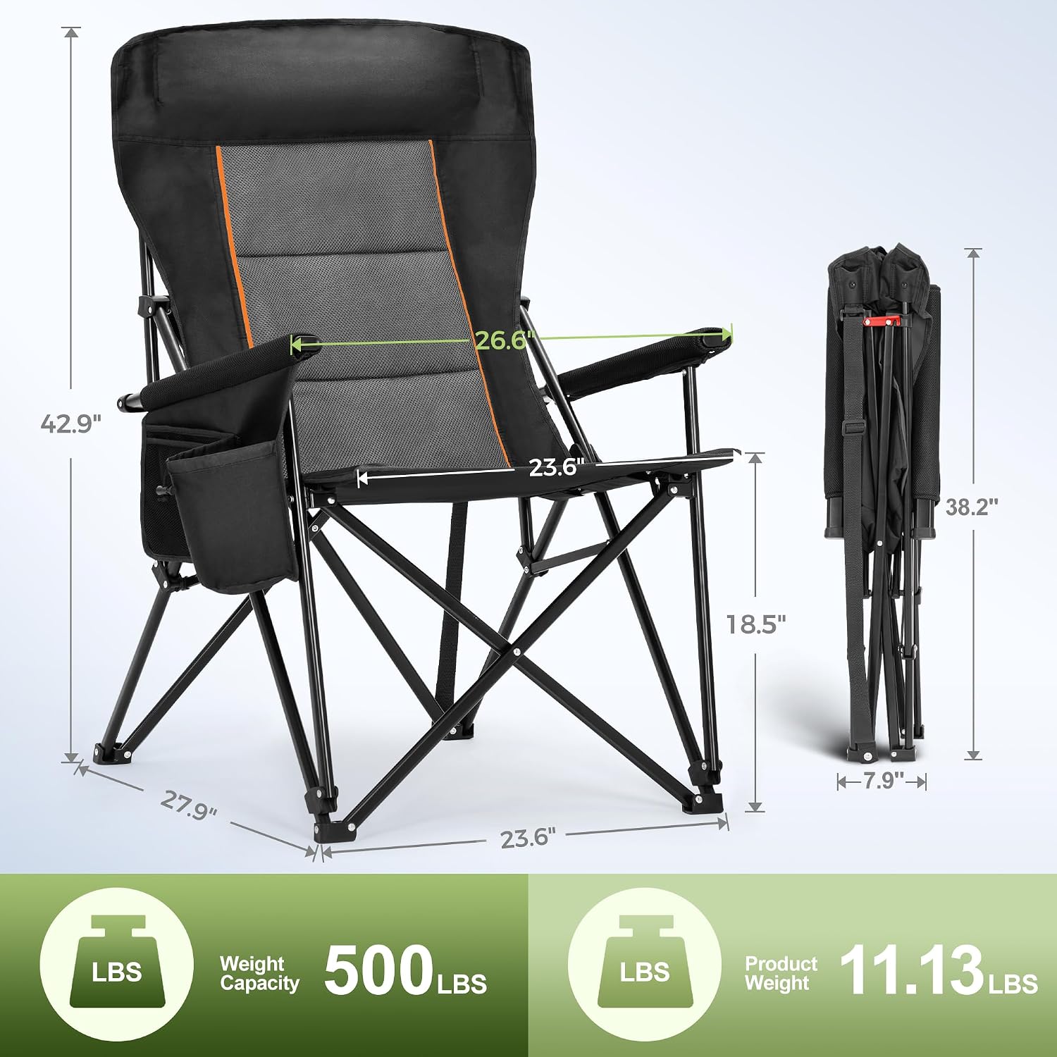 LET'S CAMP Oversized Camping Chairs High Back Heavy Duty Lawn Chair 500LBS