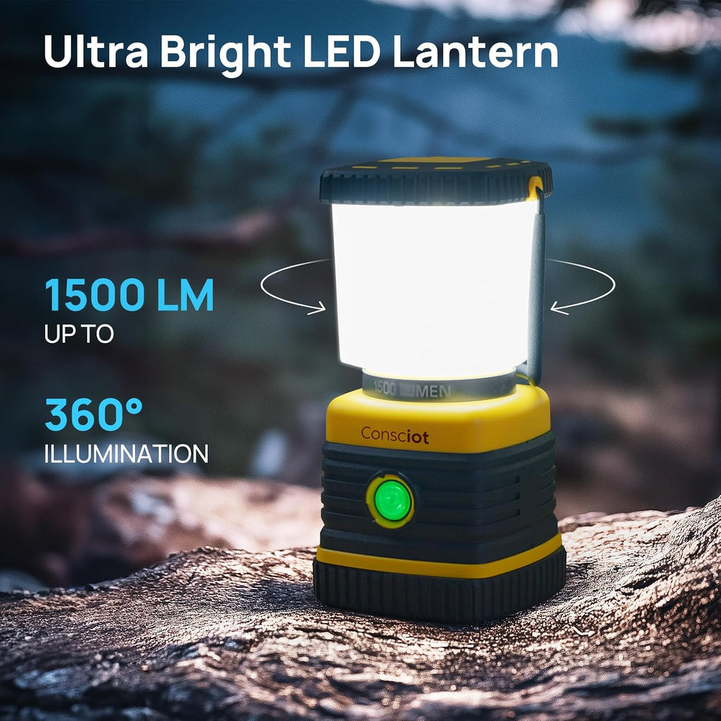 LED Camping Lantern, Consciot C02 USB-C Rechargeable Camping Lights, 1500LM, 5 Light Modes, Up to 100H Run Time, IPX4 Waterproof, Dimmable Tent Lights for Power Outages