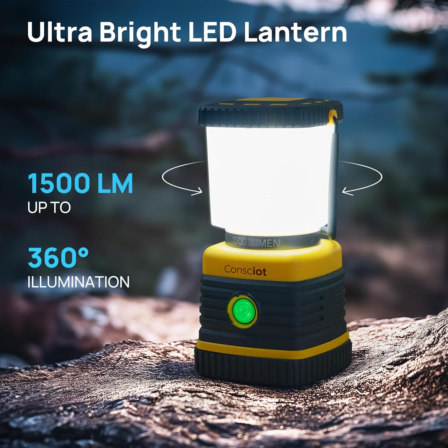 LED Camping Lantern, Consciot C02 USB-C Rechargeable Camping Lights, 1500LM, 5 Light Modes, Up to 100H Run Time, IPX4 Waterproof, Dimmable Tent Lights for Power Outages