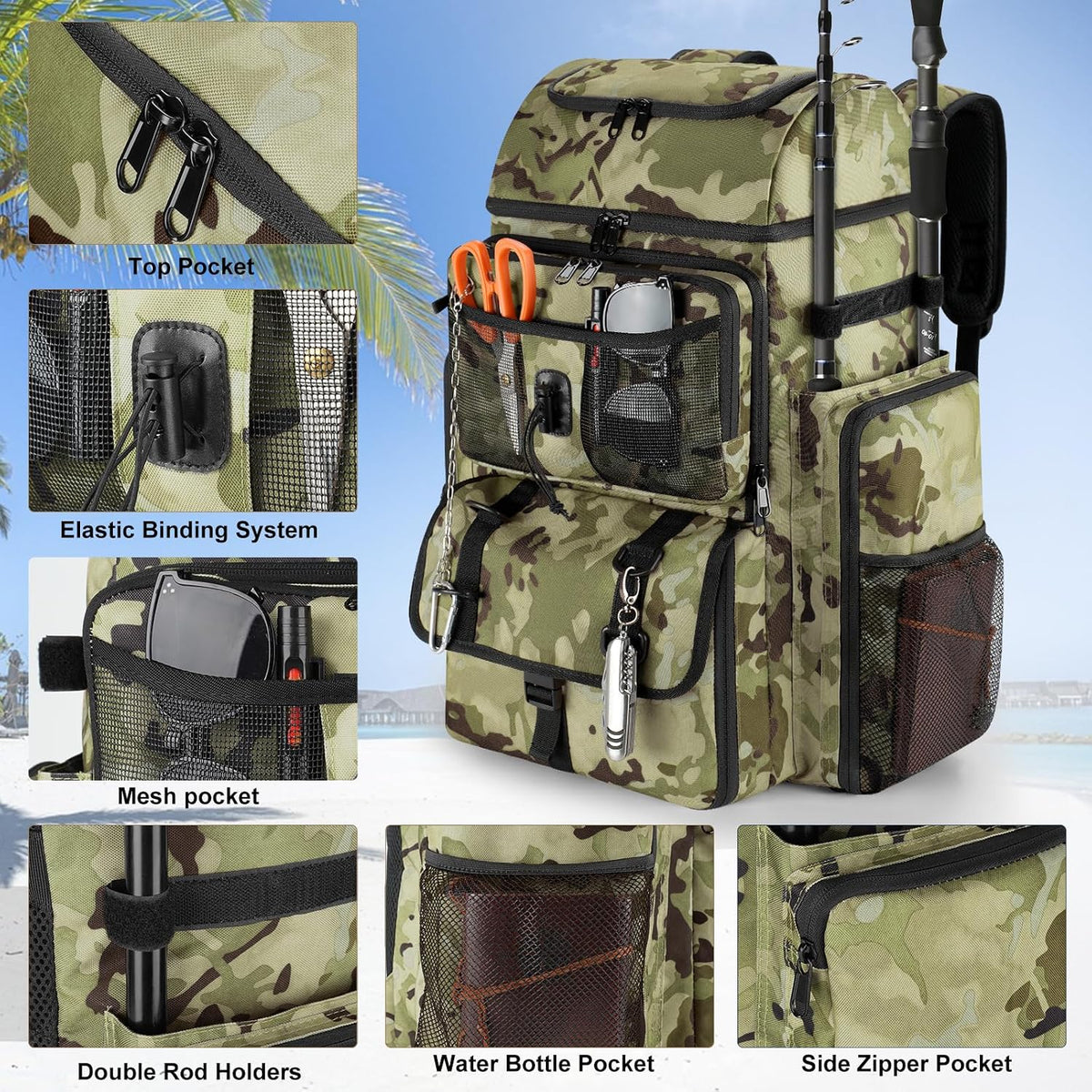VJI 52L Large Fishing Tackle Backpack with Rod Holders, Green Camo