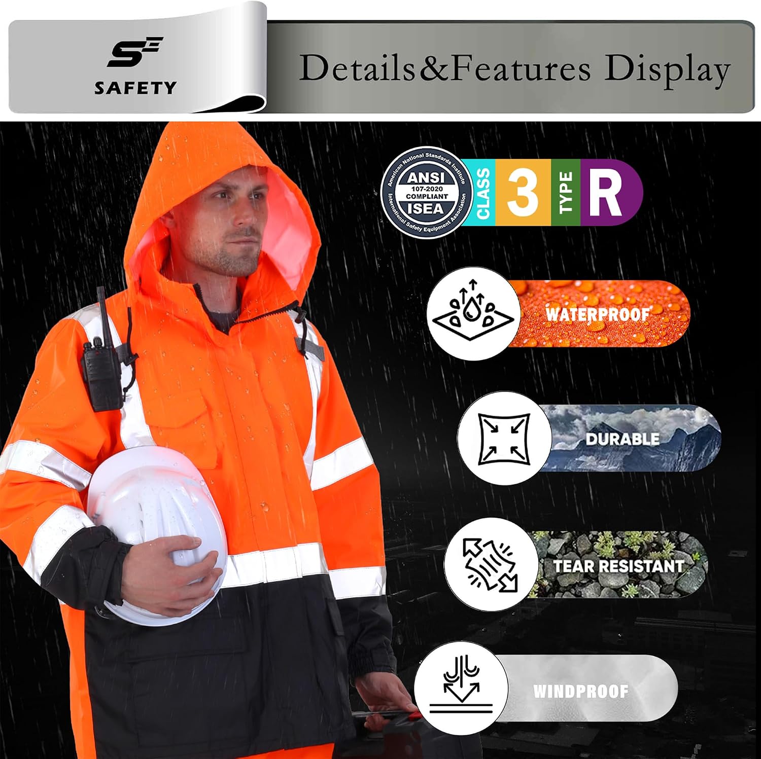 sesafety Hi Vis Rain Jacket, Rain Suits for Men Waterproof withBlack Bottom