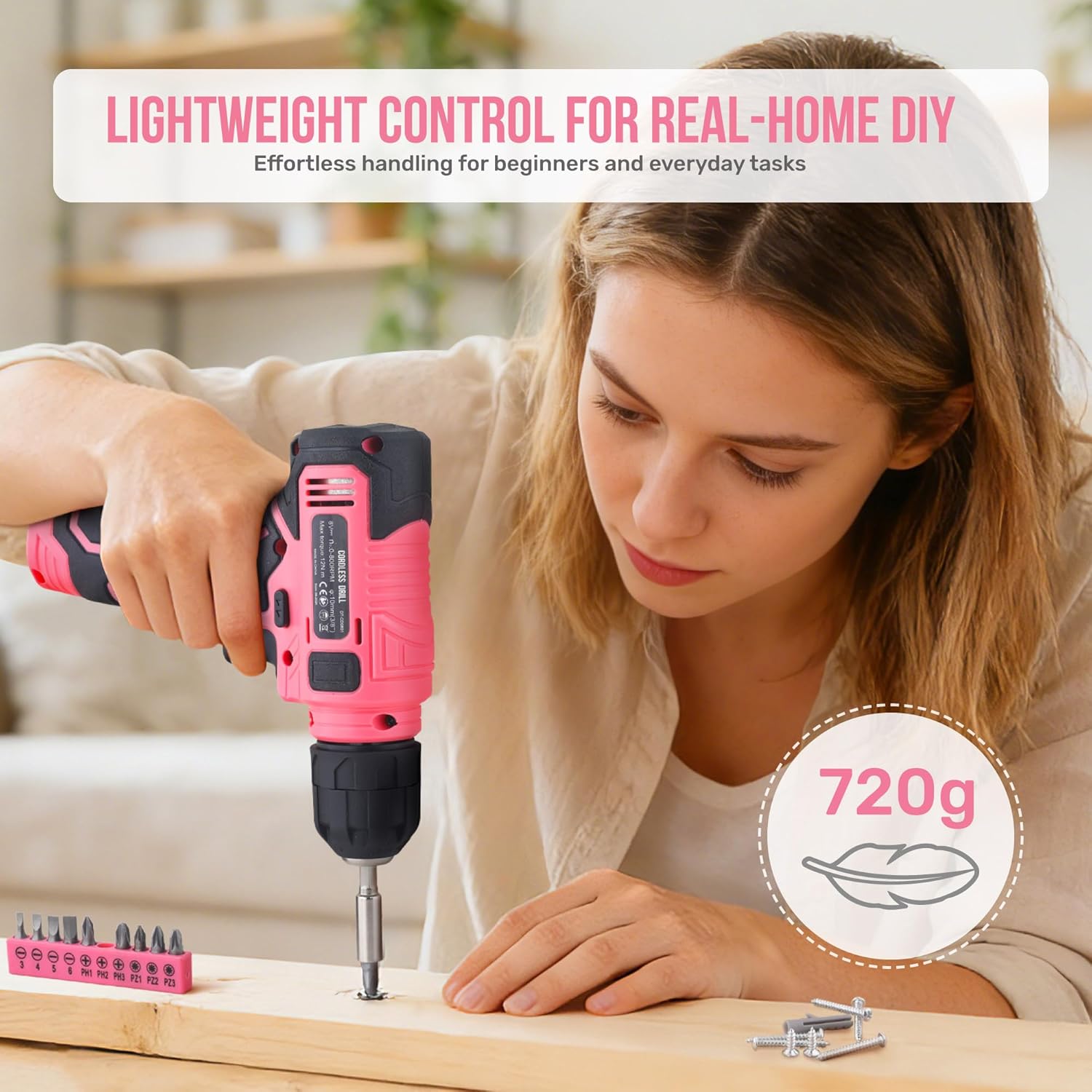 Hi-Spec Tool Set with 8V Drill Set Home DIY Repair & Maintenance, Pink