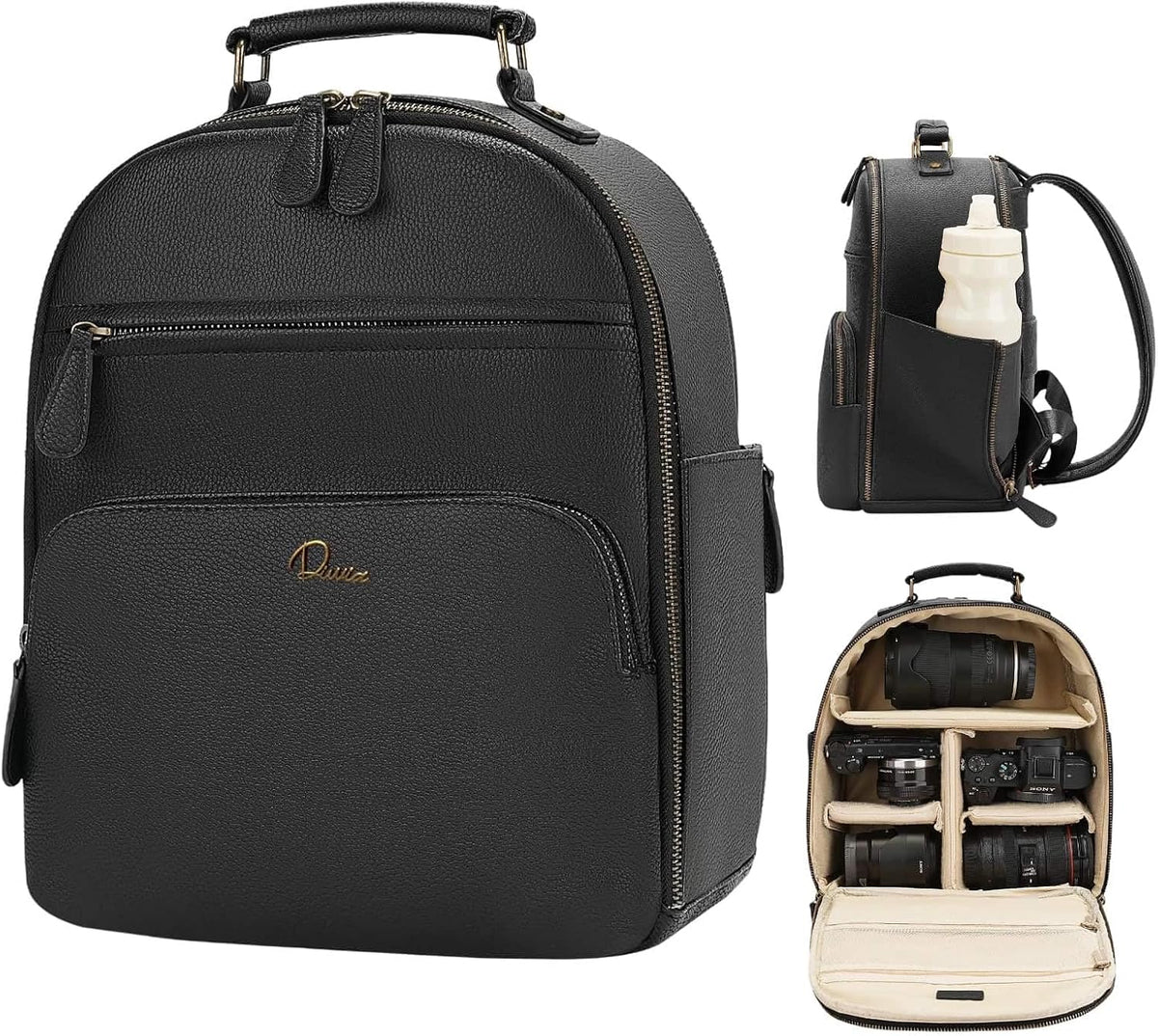 Small Camera Backpack Classic PU Leather for DSLR, Professional Camera Bag for Photographers with 11 Inch Pad/Tablet Compartment Small 10L Black