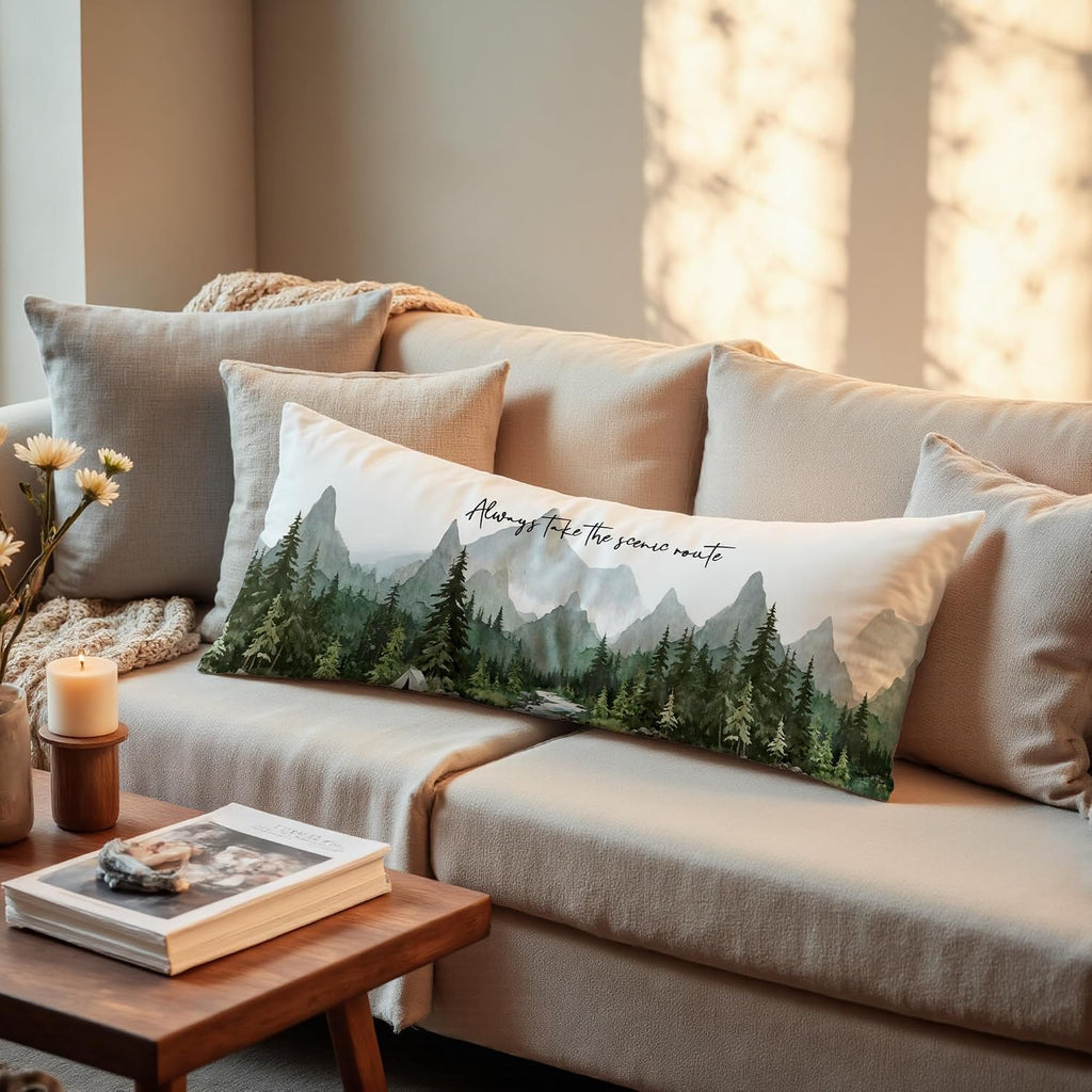 Camping Forest Mountain Body Pillow Cover 20x54, Take The Scenic Route Decorative Camping Body Pillow Case, Nature Camper RV Cushion Cover for Couch Sofa,Adventure Gifts for Camper Lovers A035