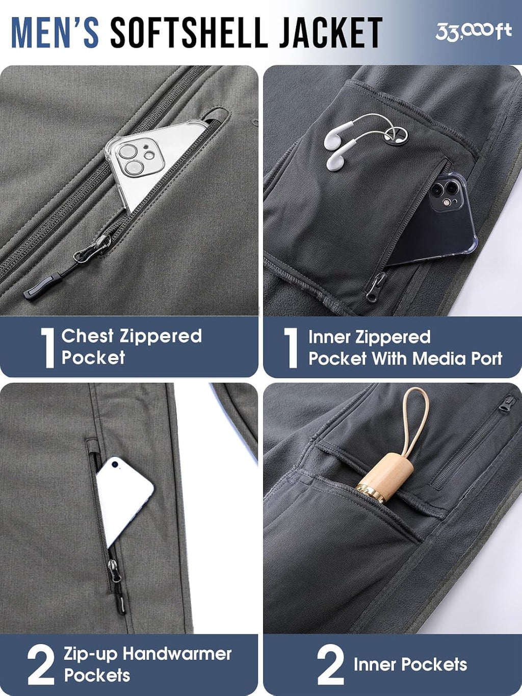 33,000ft Men's Hooded Softshell Jacket Waterproof Fleece Windbreaker Jacket