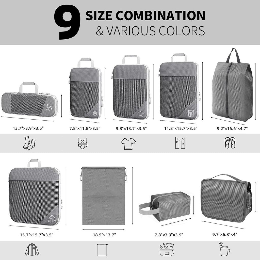 9-Set Packing Cubes with Hanging Bag | 9-Size Combination, Mesh Fabric & Reflective Stripe | Travel Luggage Organizers (Grey)