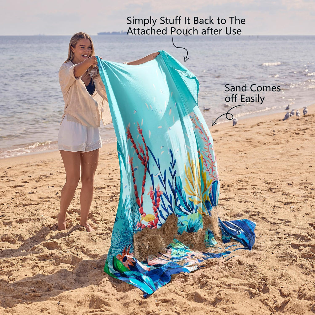 WEKAPO Beach Blanket Waterproof Sandproof Oversized, Extra Large Beach Mat Sand Free, Lightweight & Compact Sand Free Mat with 5 Stakes & 4 Corner Pockets