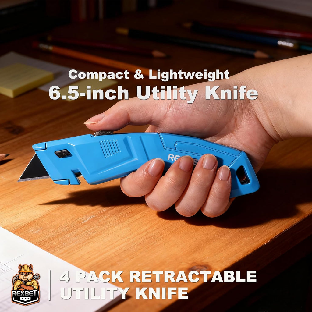 REXBETI 4-Pack 4-Color Box Cutter, Retractable Utility Knife, 14 SK2 Blades