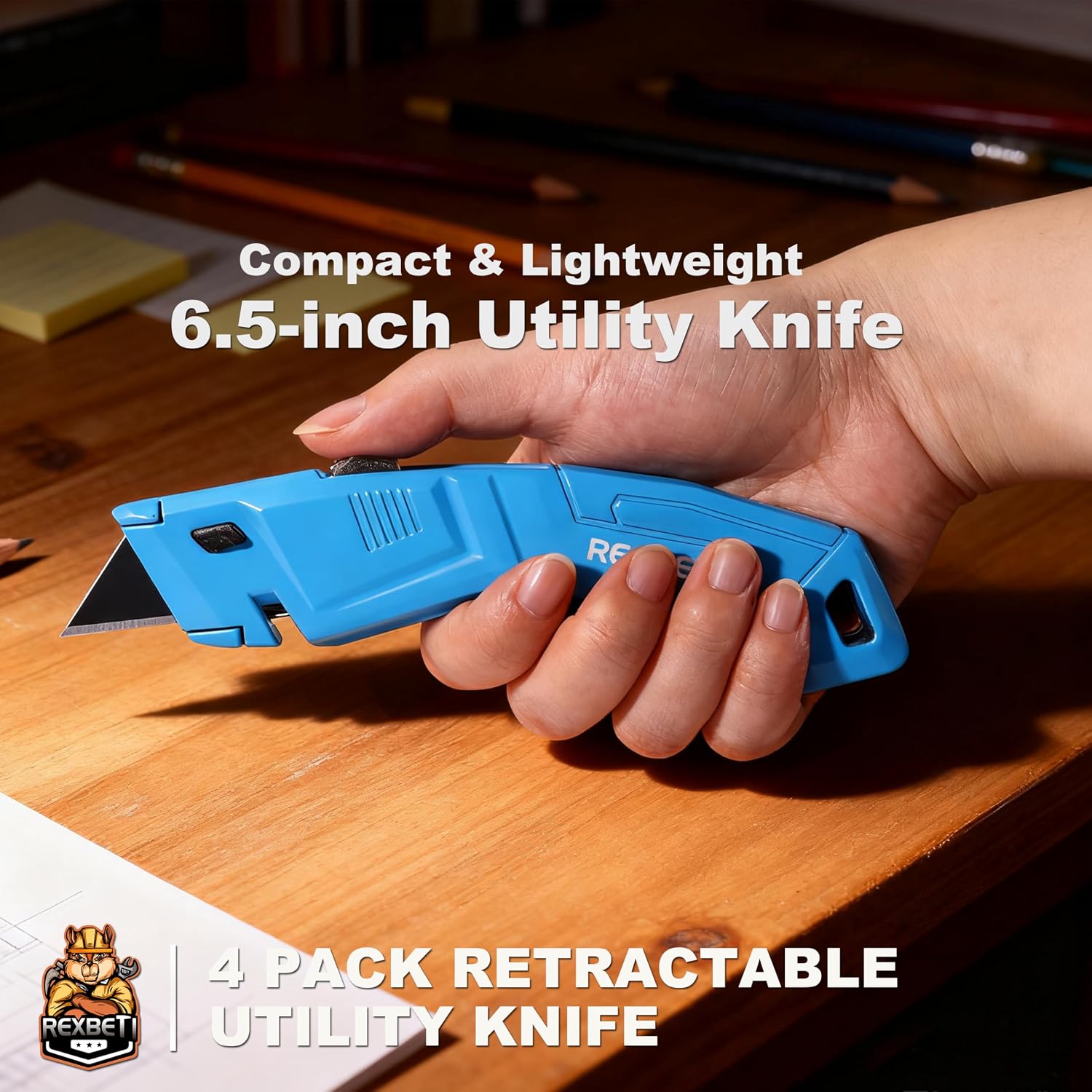REXBETI 4-Pack 4-Color Box Cutter, Retractable Utility Knife, 14 SK2 Blades
