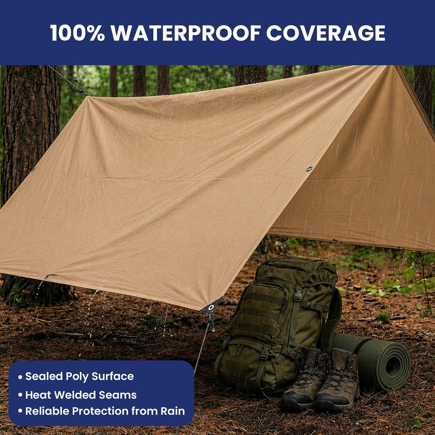 Tarps Now 50x50 Feet Heavy Duty Waterproof Poly Tarp | 12 MIL Reinforced Tarp with Aluminum Grommets | General-Purpose Brown Tarp Cover