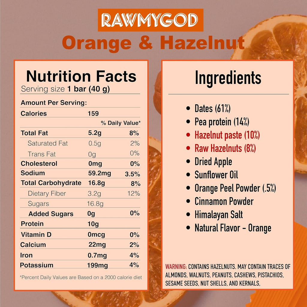 RAWMYGOD Fruit and Nut Bars, Good Source of Protein (10g, 25% protein content), Gluten Free, Vegan, No Added Sugar (16 bars, Orange & Hazelnut)
