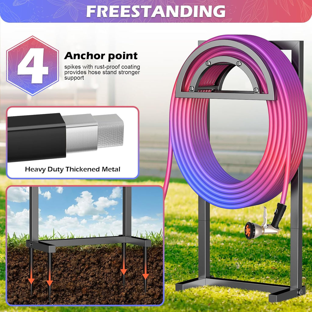 OLV Hose Holder Holds 150-ft Water Pipe, Outdoor Freestanding Heavy Duty Water Hose Holder Reel with 4 Spikes, Detachable Metal Hose Storage Stand Hanger Rack for Outside Yard Lawn Farm, Black