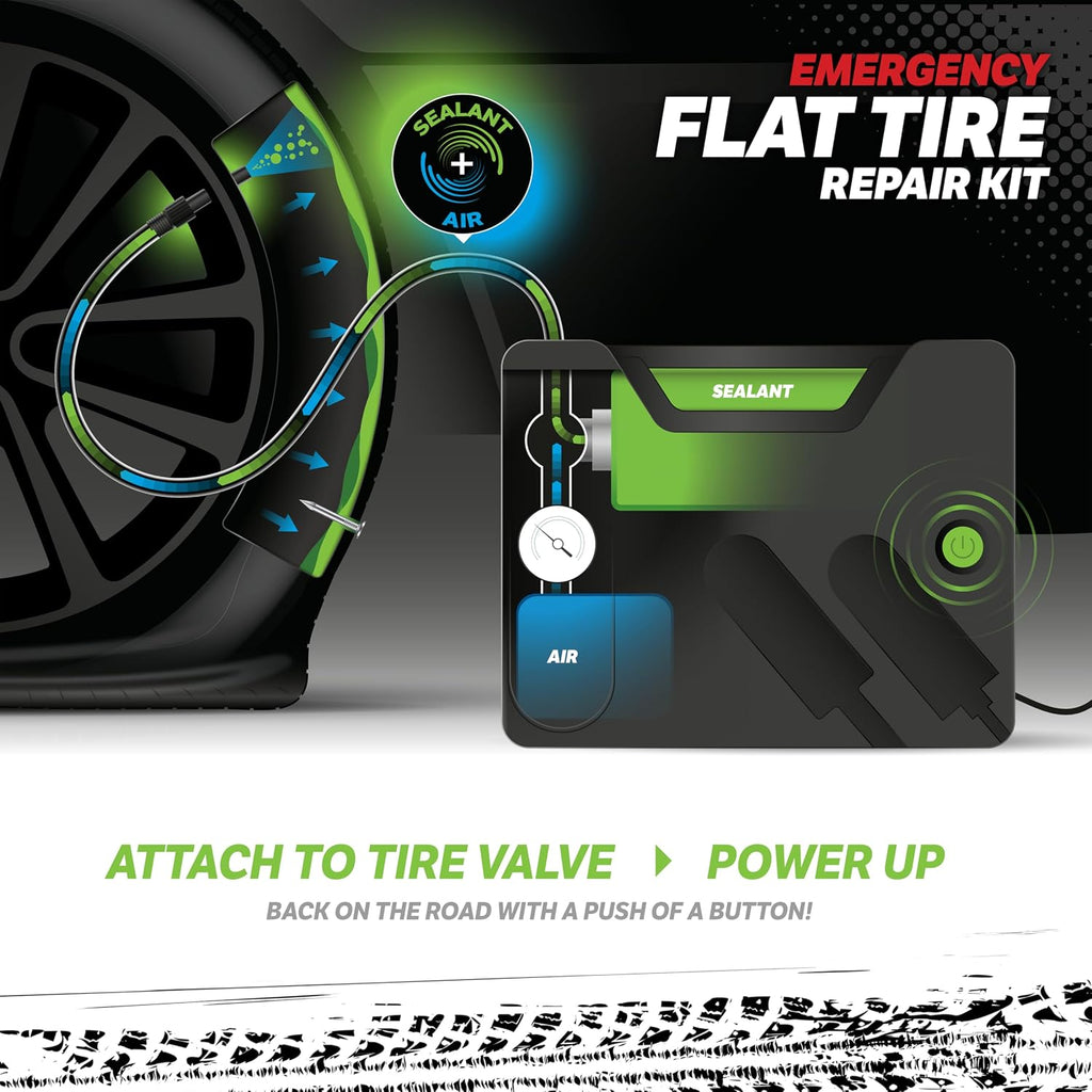 Slime 50139 Flat Tire Puncture Emergency Kit, Includes Sealant and Tire Inflator Pump, Analog, Suitable for Cars and Other Highway Vehicles, 10 Min Fix