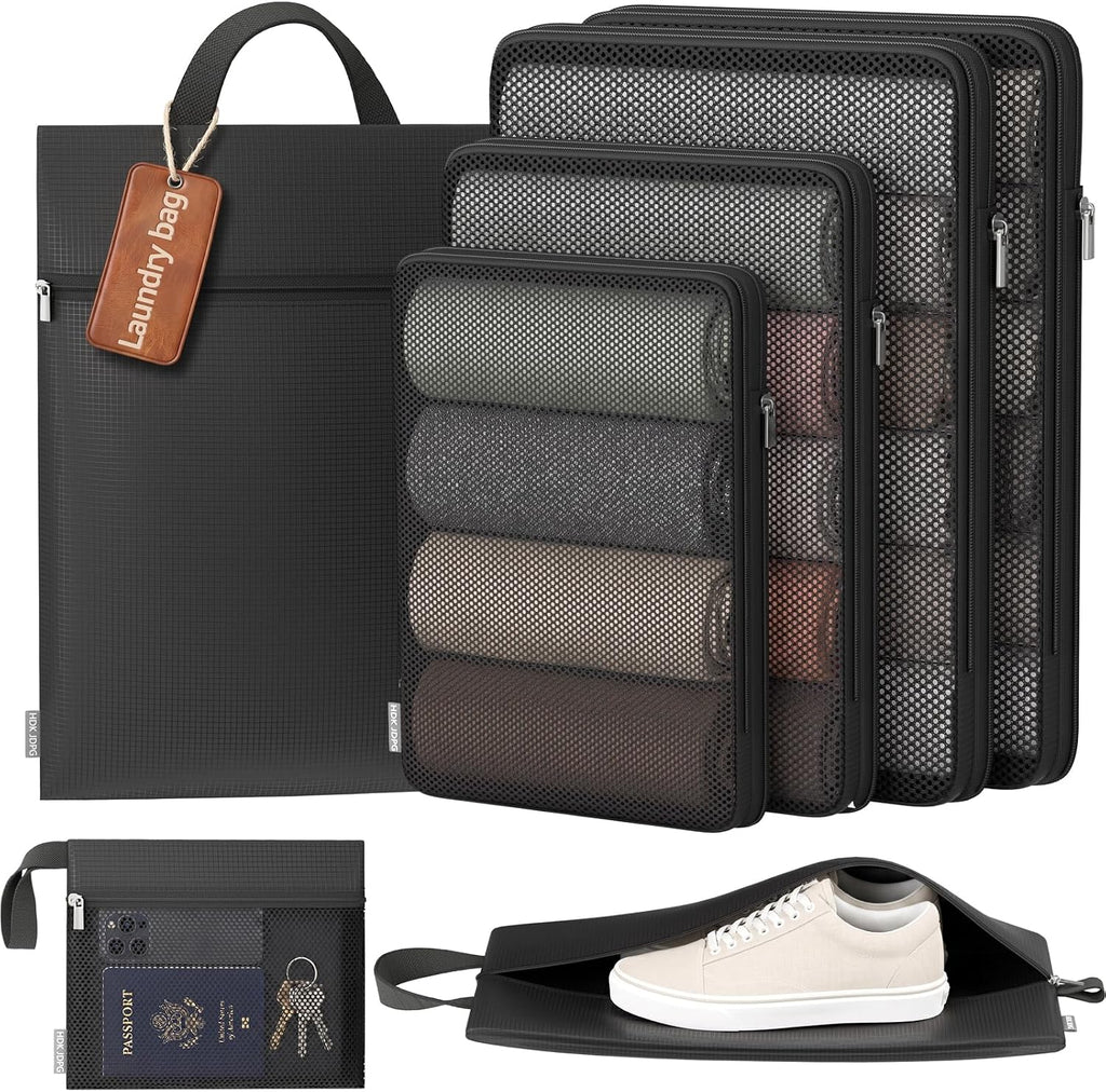 7 Set Compression Packing Cubes for Travel Essentials Luggage, Mesh Collapsible Packing Cubes for 20-22 inch Carry on Suitcase, Expandable Travel Packing Organizers with Shoe Laundry Bag(Black）