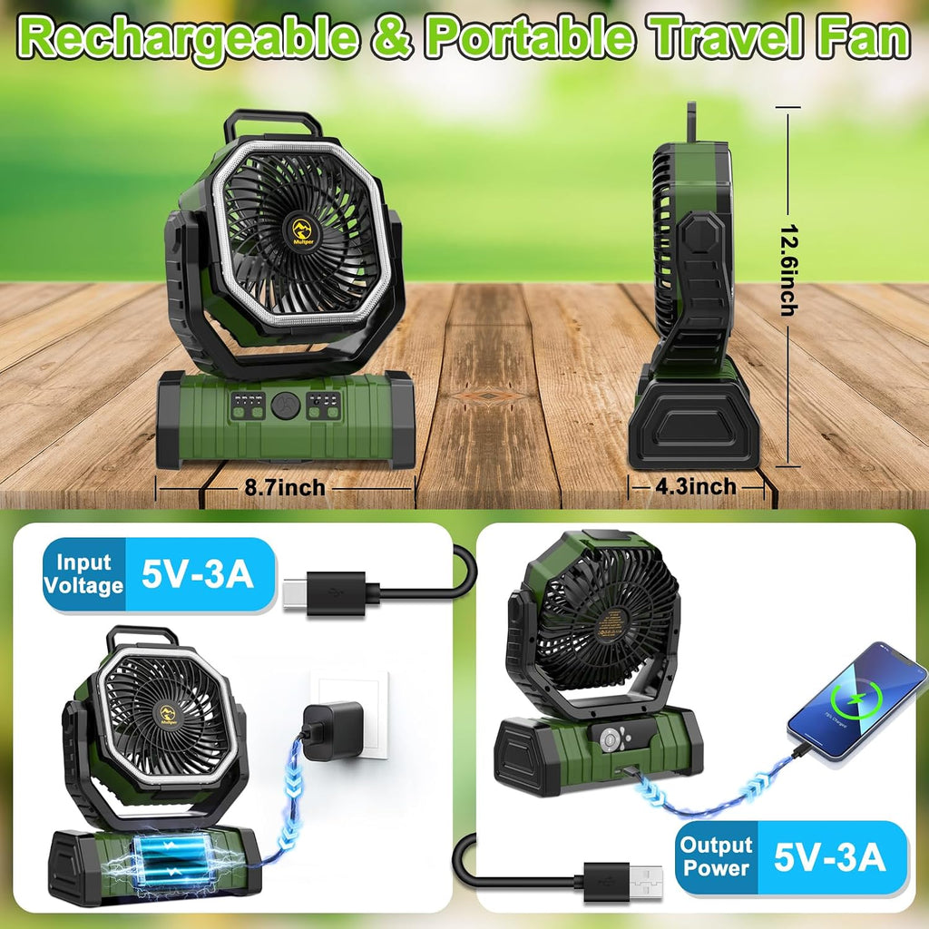 20000mAh Rechargeable Camping Fan with LED Lantern, Battery Powered Fan | Auto-Oscillating Portable Fan with Remote & Hook, 4 Speeds Portable Tent Fan for Travel,Outdoor,Home, RV,Camping Essentials