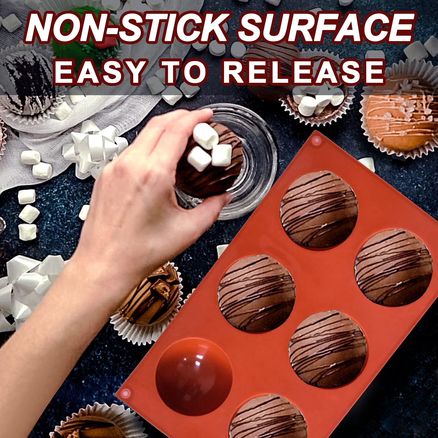 Lerykin 2 Pack Large 6-Cavity Semi Sphere Silicone Molds, Non-Stick Baking Mold for Making Standard Size Hot Chocolate Bomb, Cake, Jelly, Dome Mousse