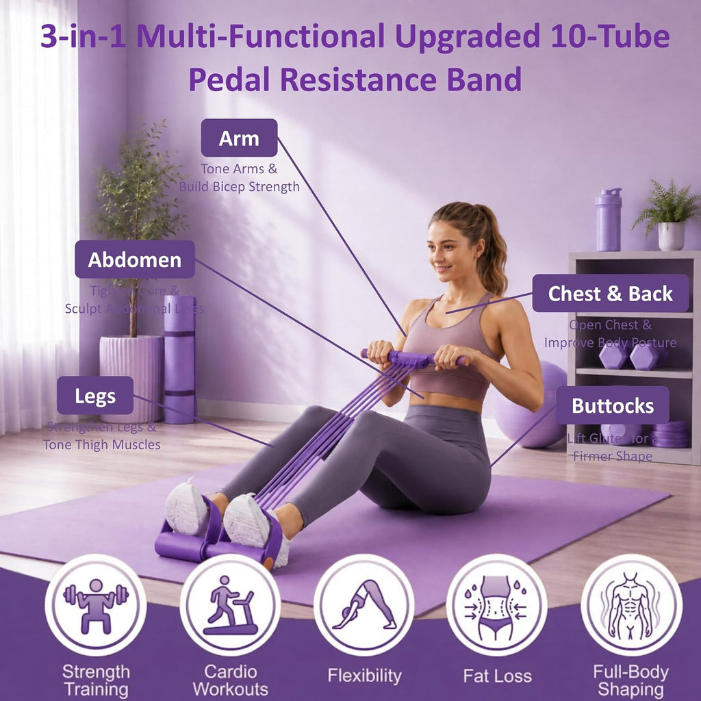 Upgraded 10-Tube Pedal Resistance Band with Handle for Ab Core Workout
