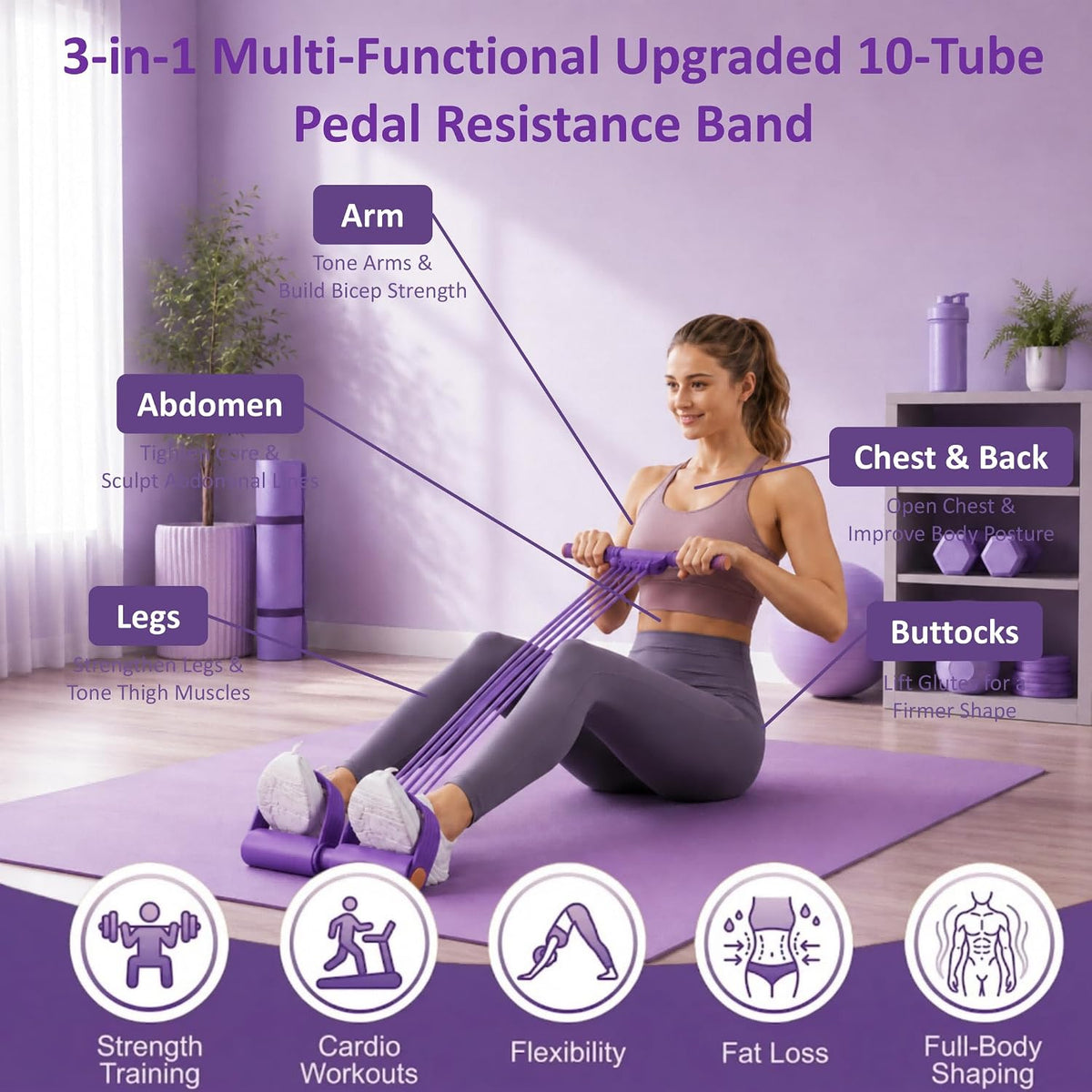 Upgraded 10-Tube Pedal Resistance Band with Handle for Ab Core Workout