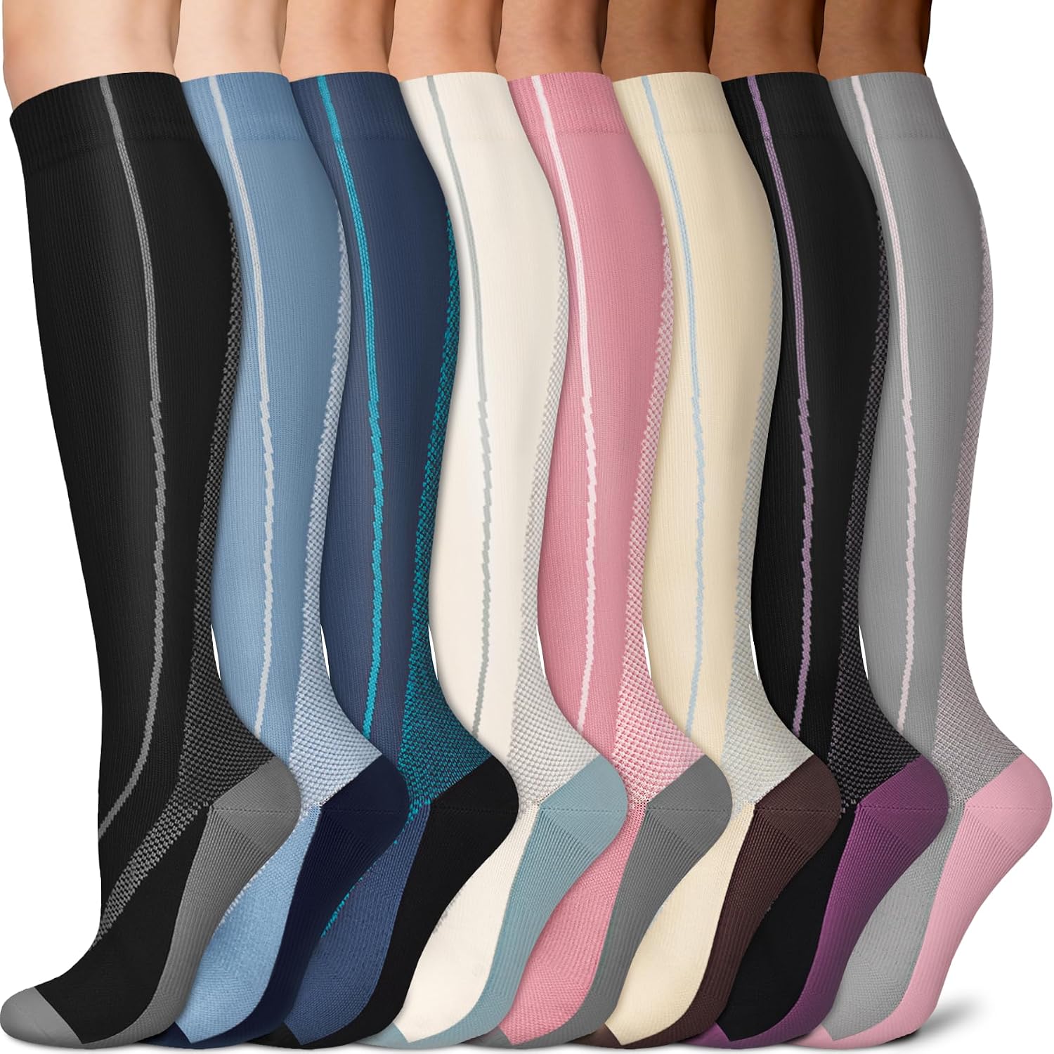 Sooverki Copper Compression Socks for Men & Women 8 Pack 15-20mmHg - Knee High Stockings Best Support for Running Athletic