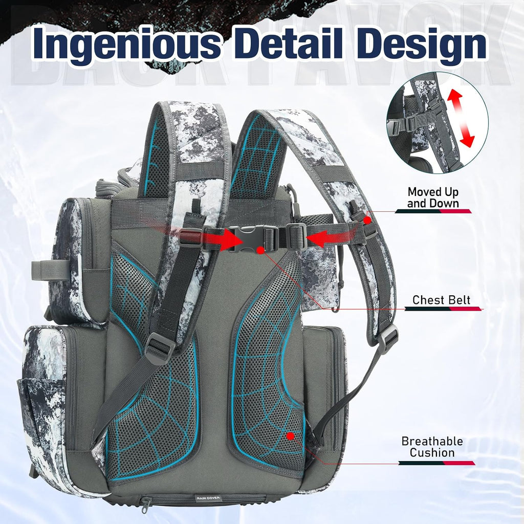Piscifun Fishing Tackle Backpack with 2 Rod Holders, 4 Boxes & Rain Cover