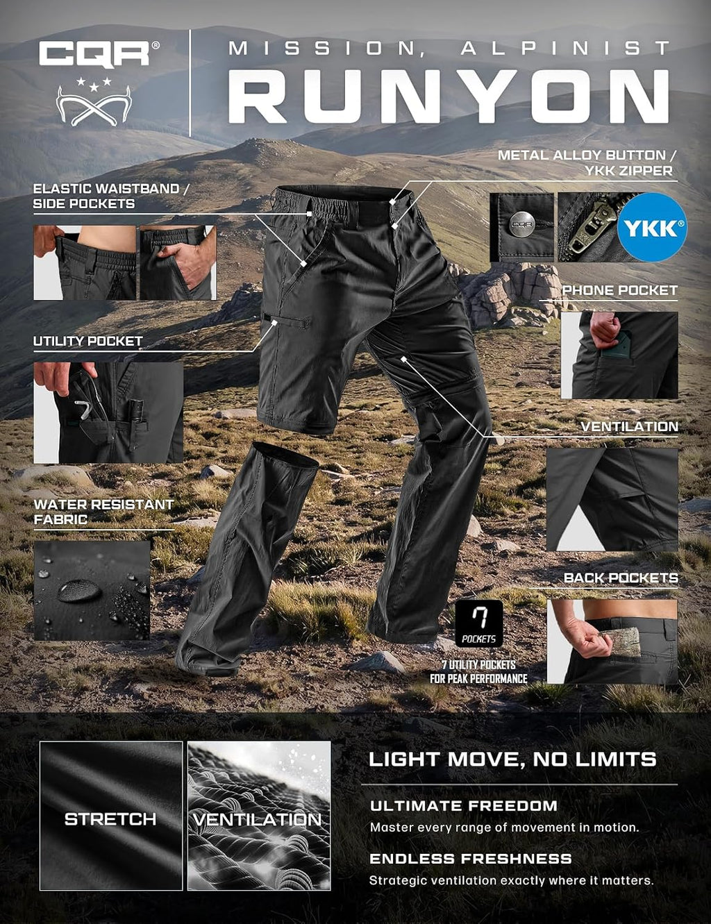 CQR Men's Convertible Cargo Tactical Pants, Water Resistant Outdoor Hiking Pants, Zip Off Lightweight Stretch Work Pants