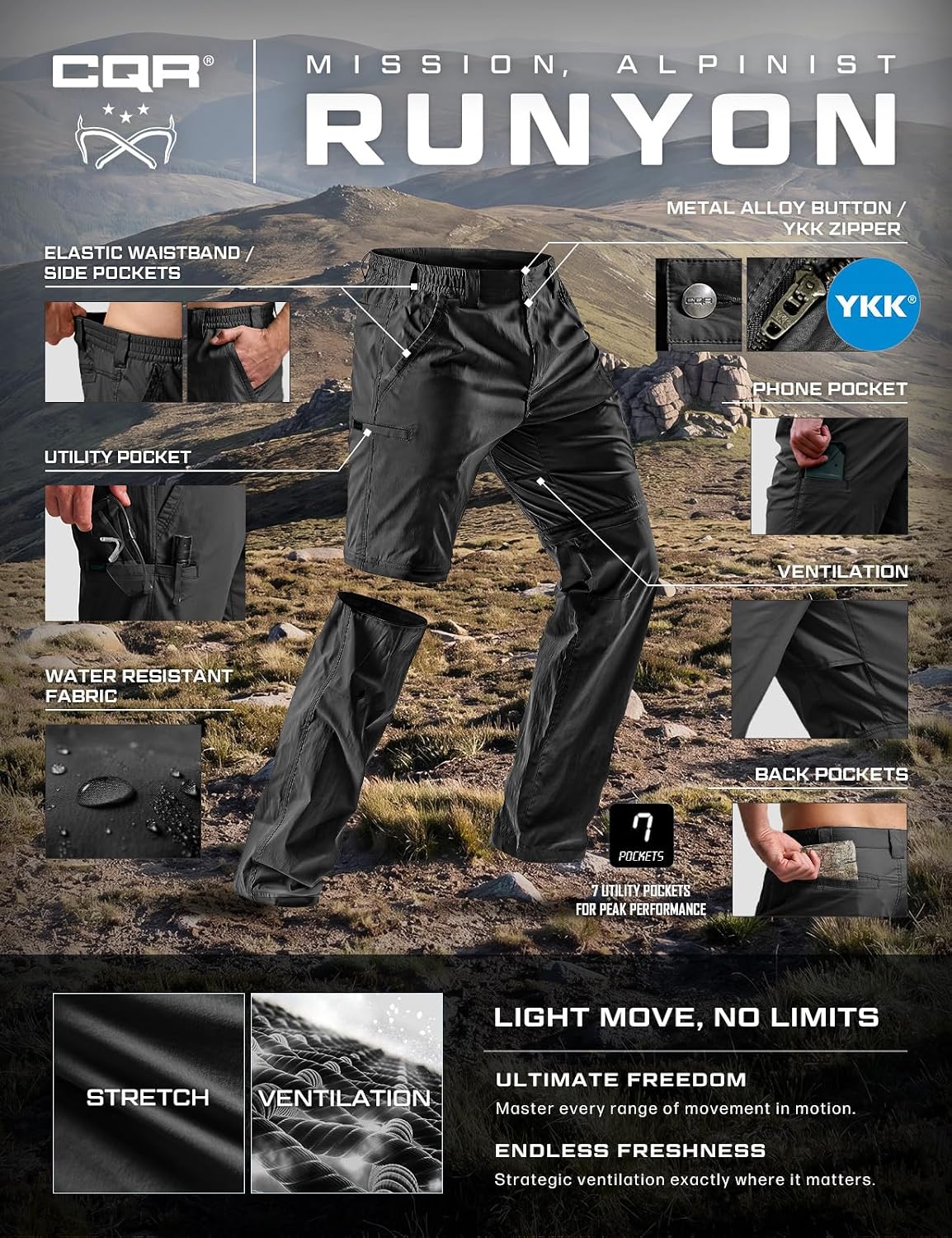 CQR Men's Convertible Cargo Tactical Pants, Water Resistant Outdoor Hiking Pants, Zip Off Lightweight Stretch Work Pants