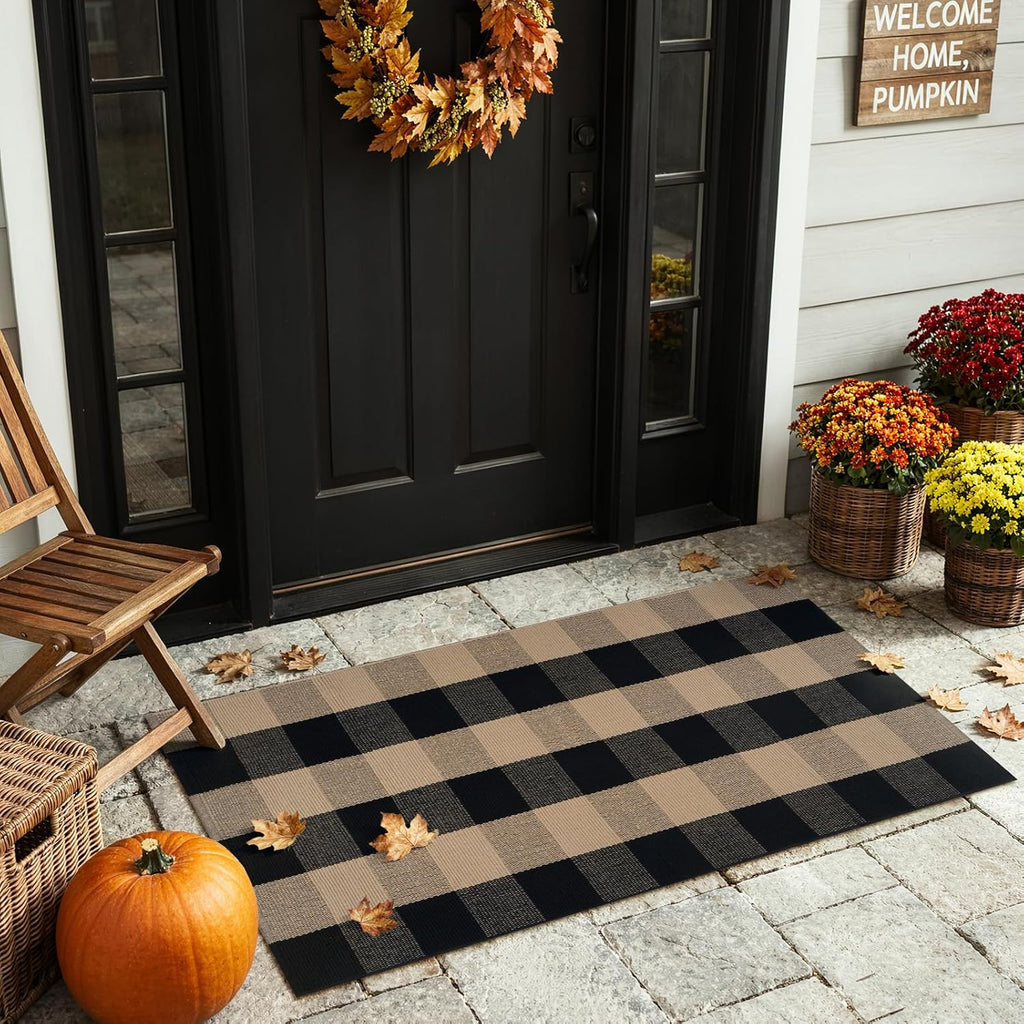 Fall Front Door Mat 24"x51" Buffalo Plaid Checkered Outdoor Rug