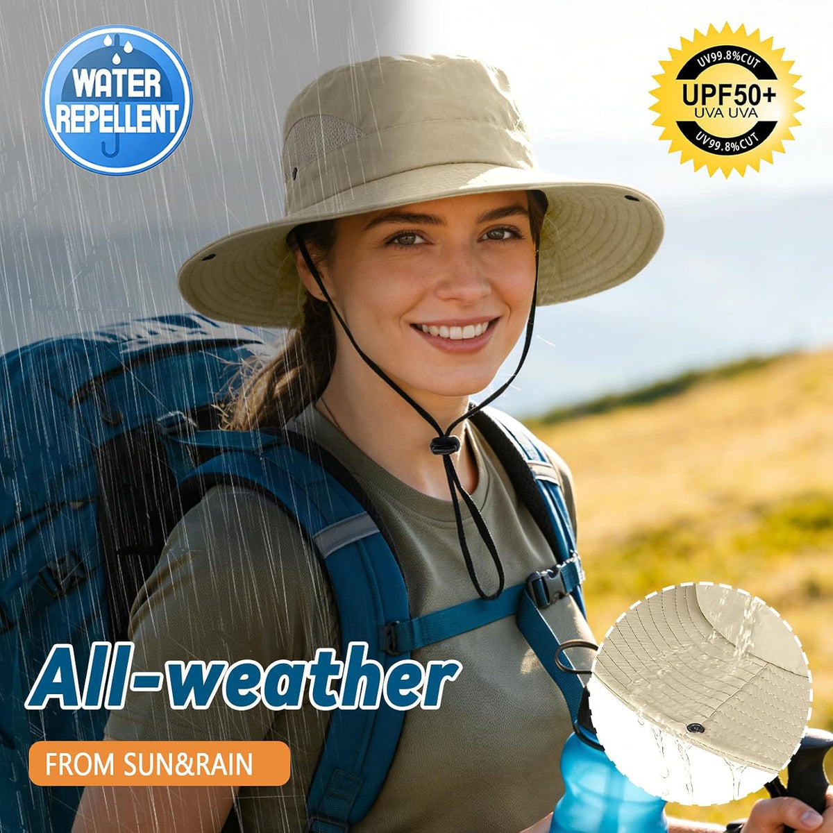 ZOORON Sun Hats for Men Women, Wide Brim Safari Hats UV Protection UPF50+ Waterproof Boonie Hats for Fishing Hiking Camping