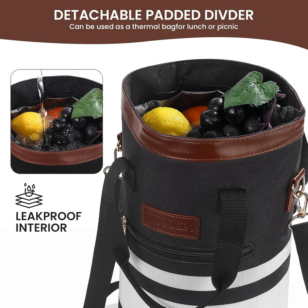 BLUBYEES 2-Bottle Insulated Wine Carrier Tote - Leakproof Padded 900D Oxford Cooler Bag for Travel, Picnics, Beach & Parties