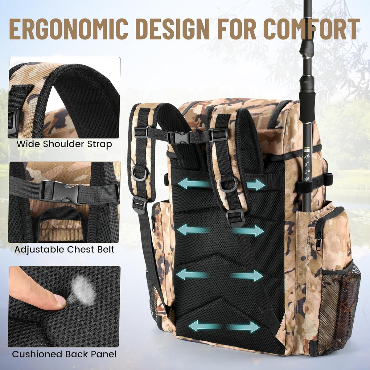 VJI 52L Large Fishing Tackle Backpack with Rod Holders, Khaki Camo
