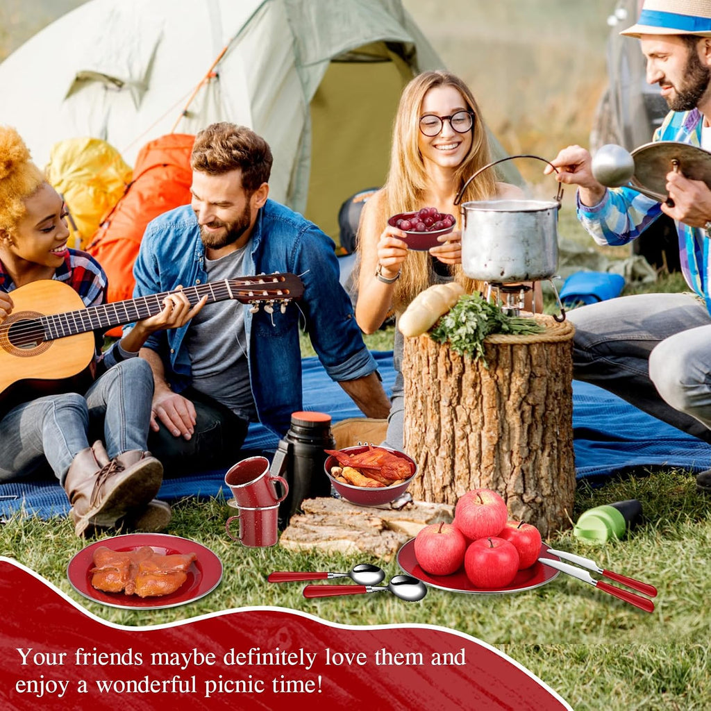 Nuogo 24 Pcs Camping Dinnerware Enamel Mugs Plates Bowls Utensils, Red