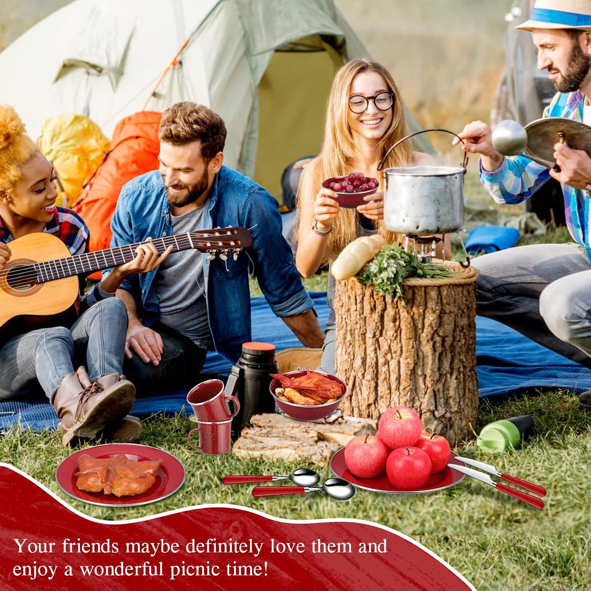Nuogo 24 Pcs Camping Dinnerware Enamel Mugs Plates Bowls Utensils, Red