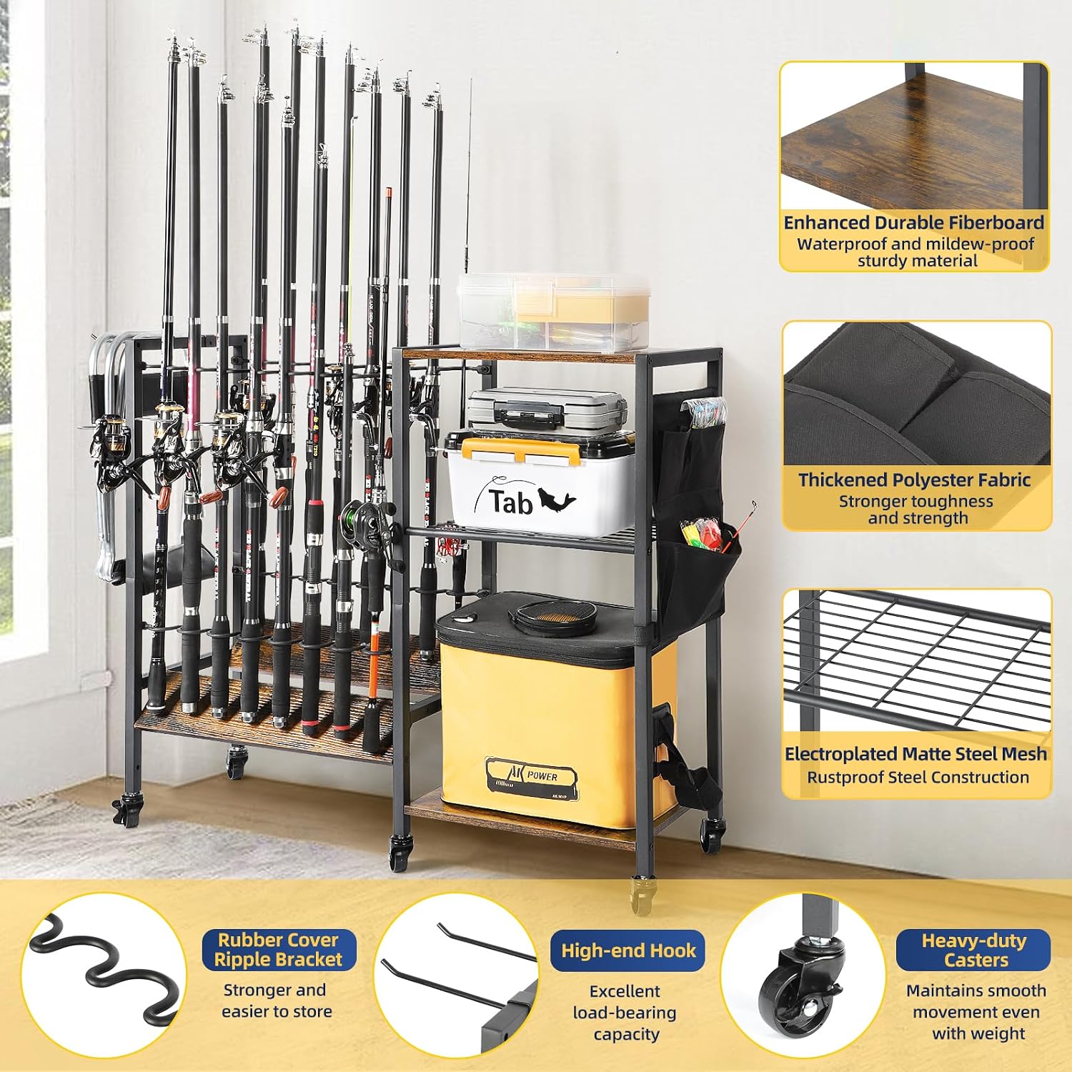 Olakee Fishing Rod Holders, Rolling Fishing Rod Rack for Garage & Boat, Tackle Box & Reel Holder Cart, Easy Assembly Fishing Gear Management System, Ideal Birthday Gift for Men Dad Anglers