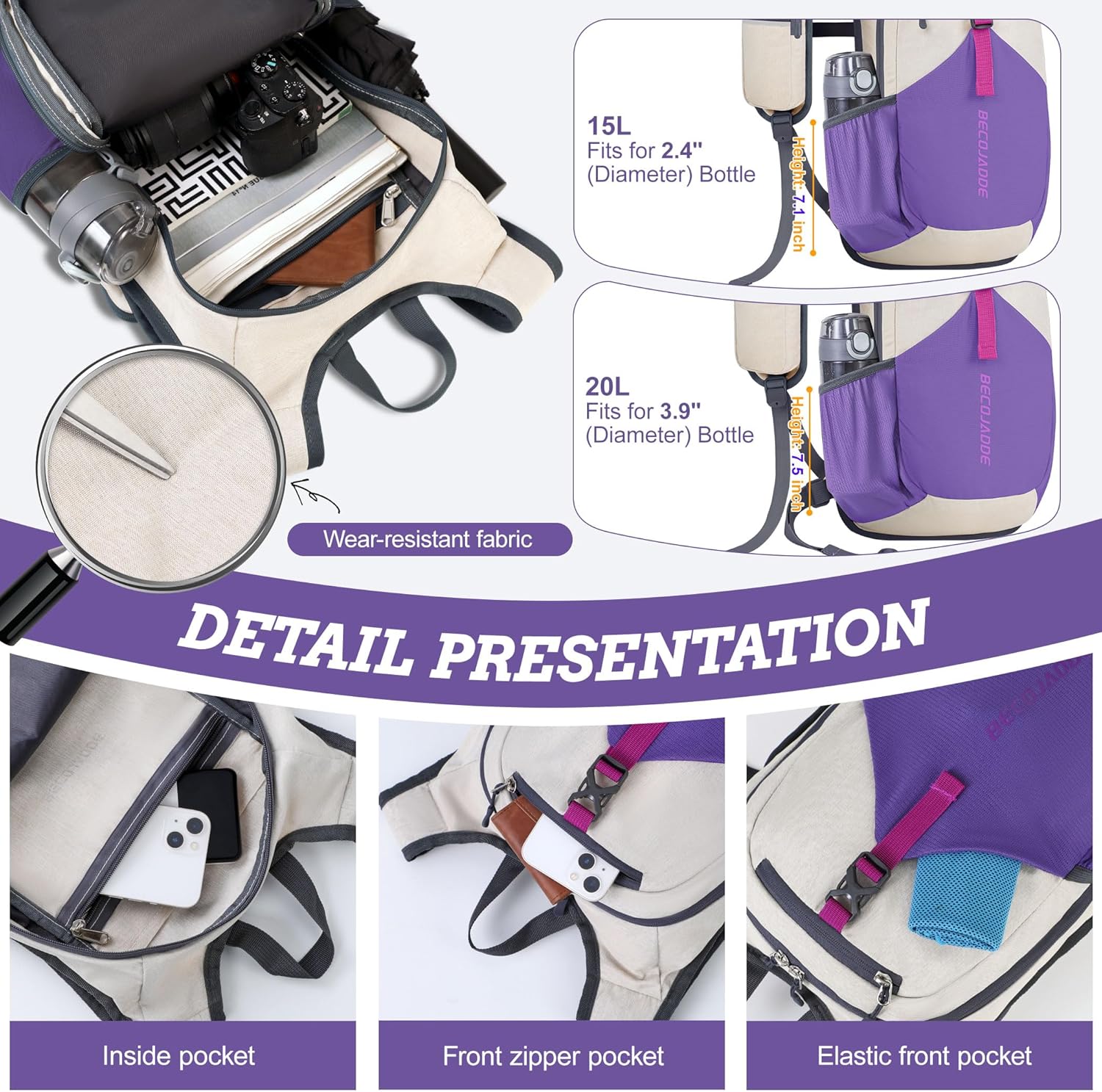 BECOJADDE 15L Small Hiking Backpack for Men Women Foldable Packable Back Pack Ultralight Hiking Daypack for Travel Camping Outdoor, Beige Purple