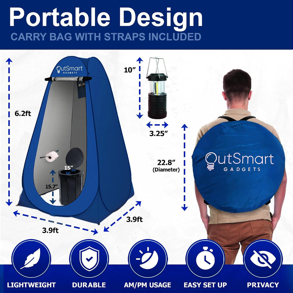 Outsmart Gadgets Outdoor Portable Toilet Set for Adults with Camping Night Lantern, Folding XL Toilet, Pop Up Privacy Tent and Carry Bags, Multipurpose Potty, Washable and Foldable for RV Travel