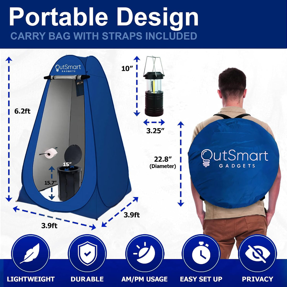 Outsmart Gadgets Outdoor Portable Toilet Set for Adults with Camping Night Lantern, Folding XL Toilet, Pop Up Privacy Tent and Carry Bags, Multipurpose Potty, Washable and Foldable for RV Travel