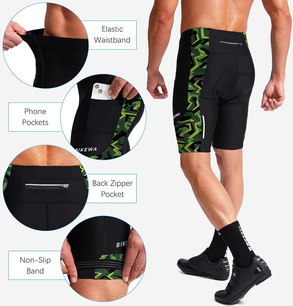 Bikewa Men's Bike Shorts 3D Padded Cycling Road Biking Mountain Riding Biker Bicycle UPF 50+ Cycle Shorts Zipper Pockets