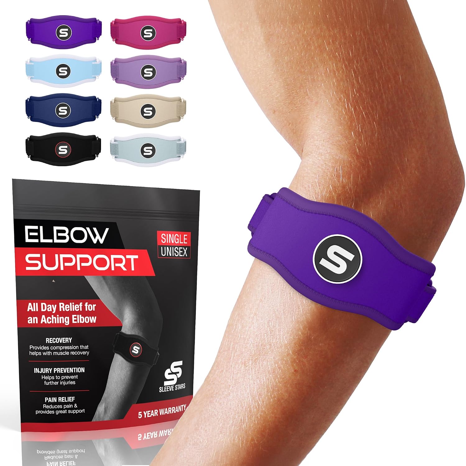 Sleeve Stars Tennis Elbow Brace for Men & Women, Elbow Brace for Tendonitis, Tennis Elbow Strap, Golfers Elbow Brace, Elbow Support Wrap for Tennis Elbow Relief, Fits 9"-23" (Single/Dark Purple)
