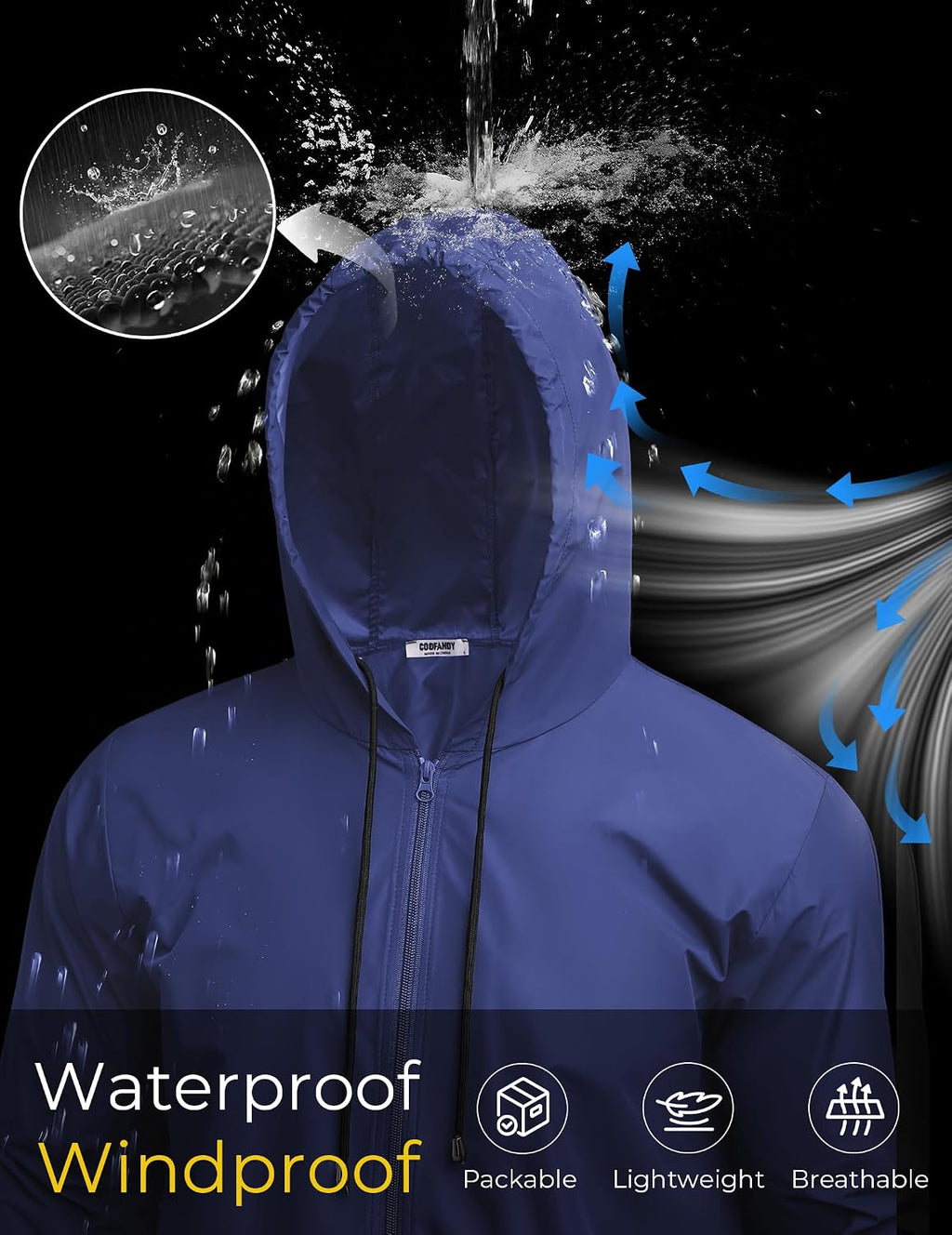 COOFANDY Mens Packable Rain Jacket Lightweight Waterproof Raincoat with Hood Outdoor Rain Gear Travel Hiking Cycling