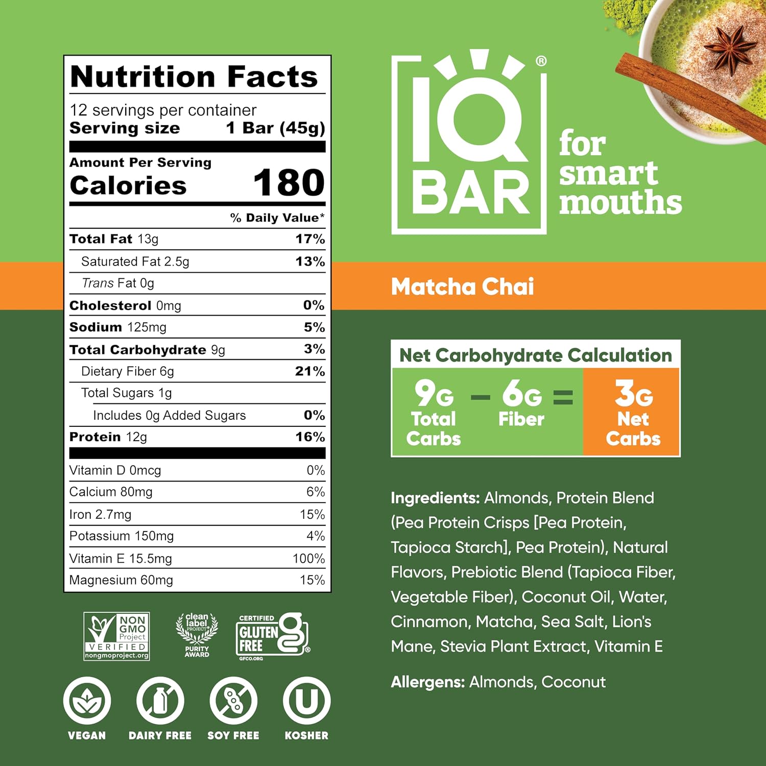 IQBAR Clean Protein Bars, Low Sugar Keto, Matcha Chai 36-Count