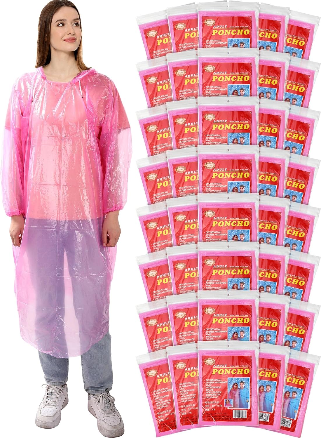 Tarpop 40 Pack Disposable Rain Ponchos Adult Drawstring Hood