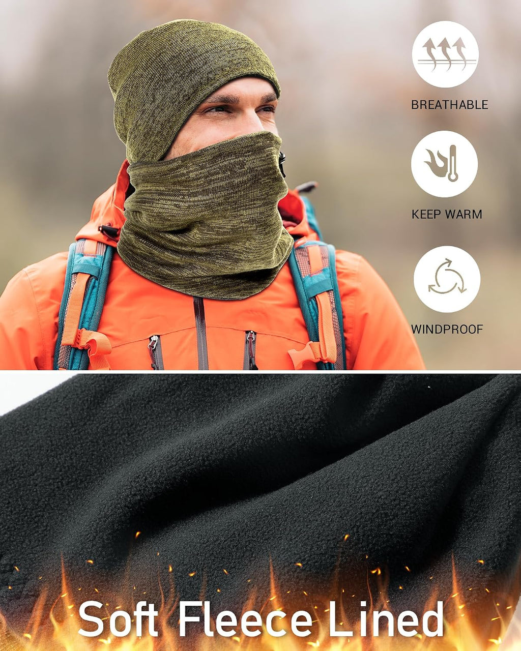 Winter Beanie Hat Scarf Set for Men Women Fleece Lined Warm Windproof Ski